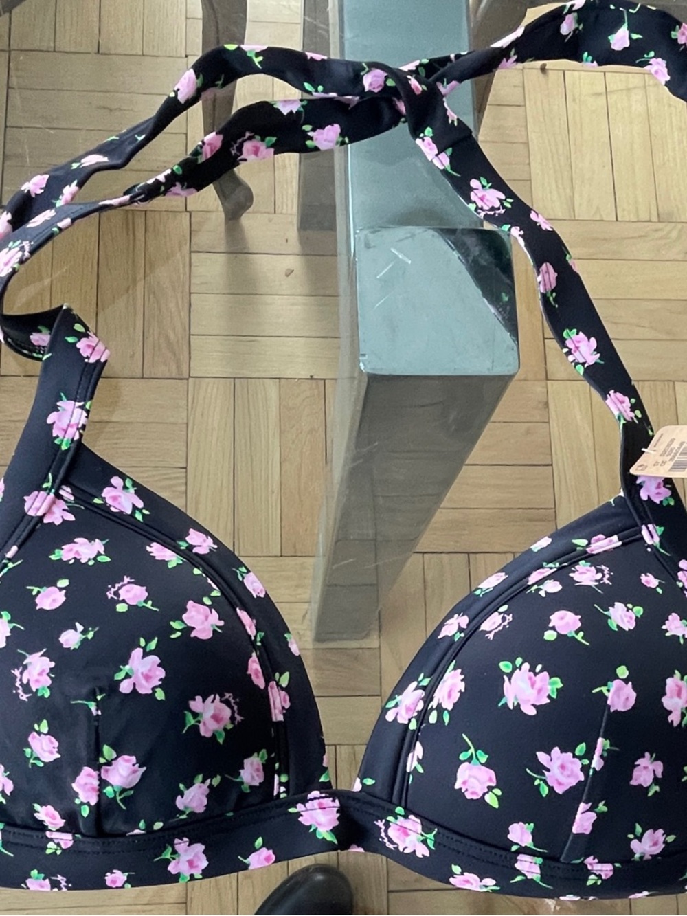 PINK Victoria's Secret Black Floral Halter Swim Top with Pink Roses